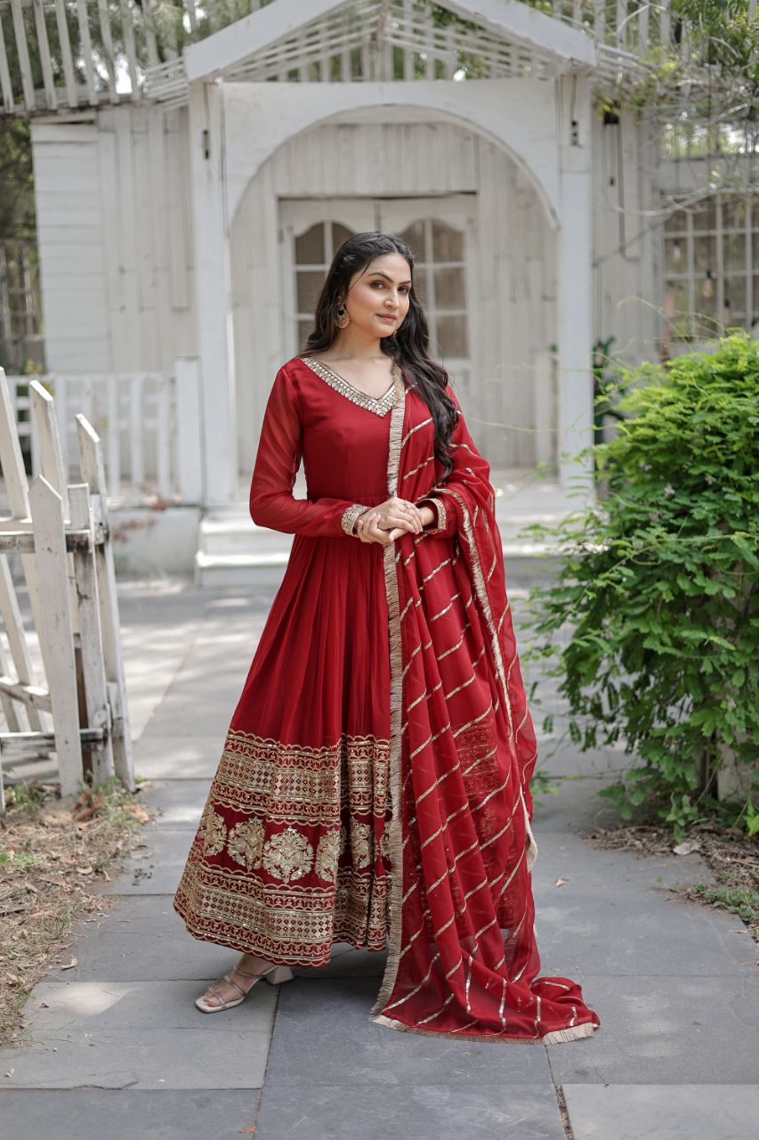 Women's Marron Cotton Embroidery Anarkali Set