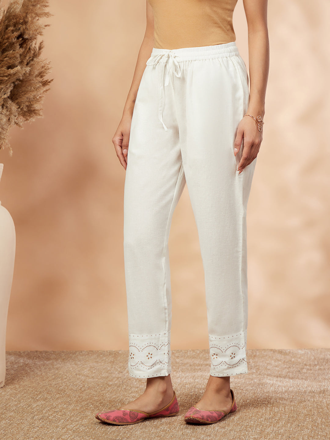 Women's Solid Off-White Straight Pants