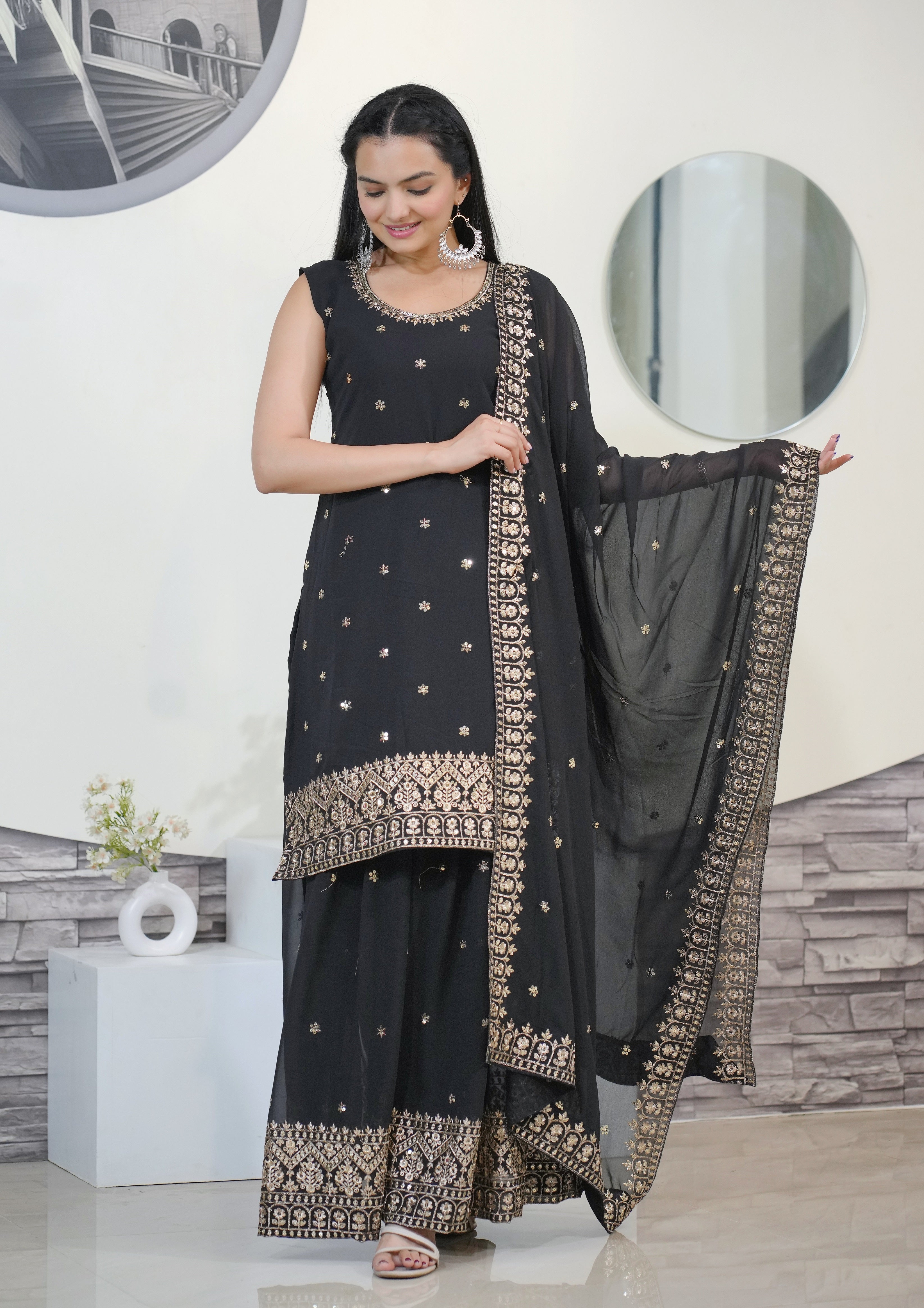 Women's Black Georgette Embroidery Sharara Set - Harvi Trendz