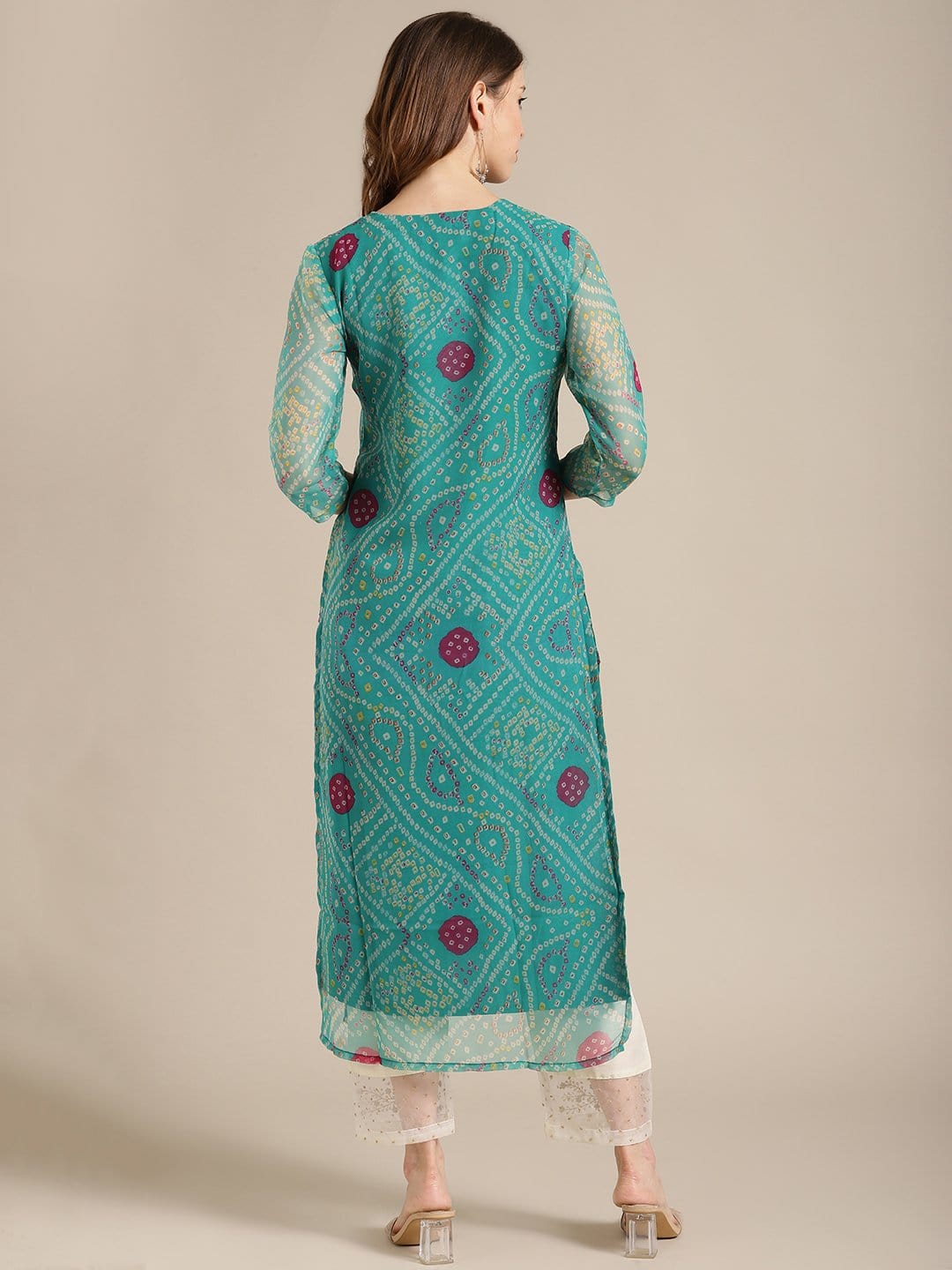 Women's Turquoise Blue And Pink Gota Patti Embroidery Embellished Kurta - Final Clearance Sale
