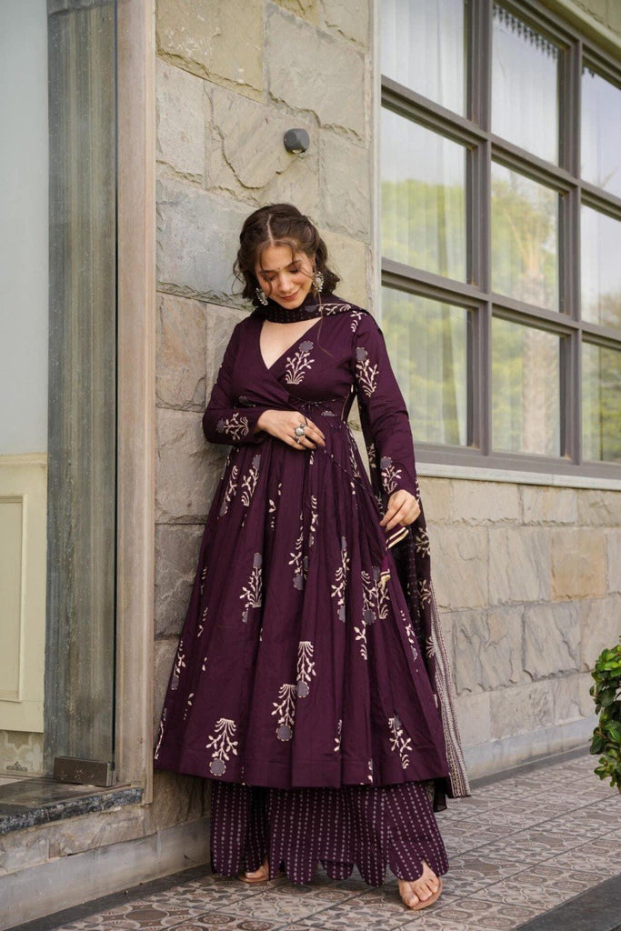 Women's Wine Maslin  Digital Print  Anarkali Set