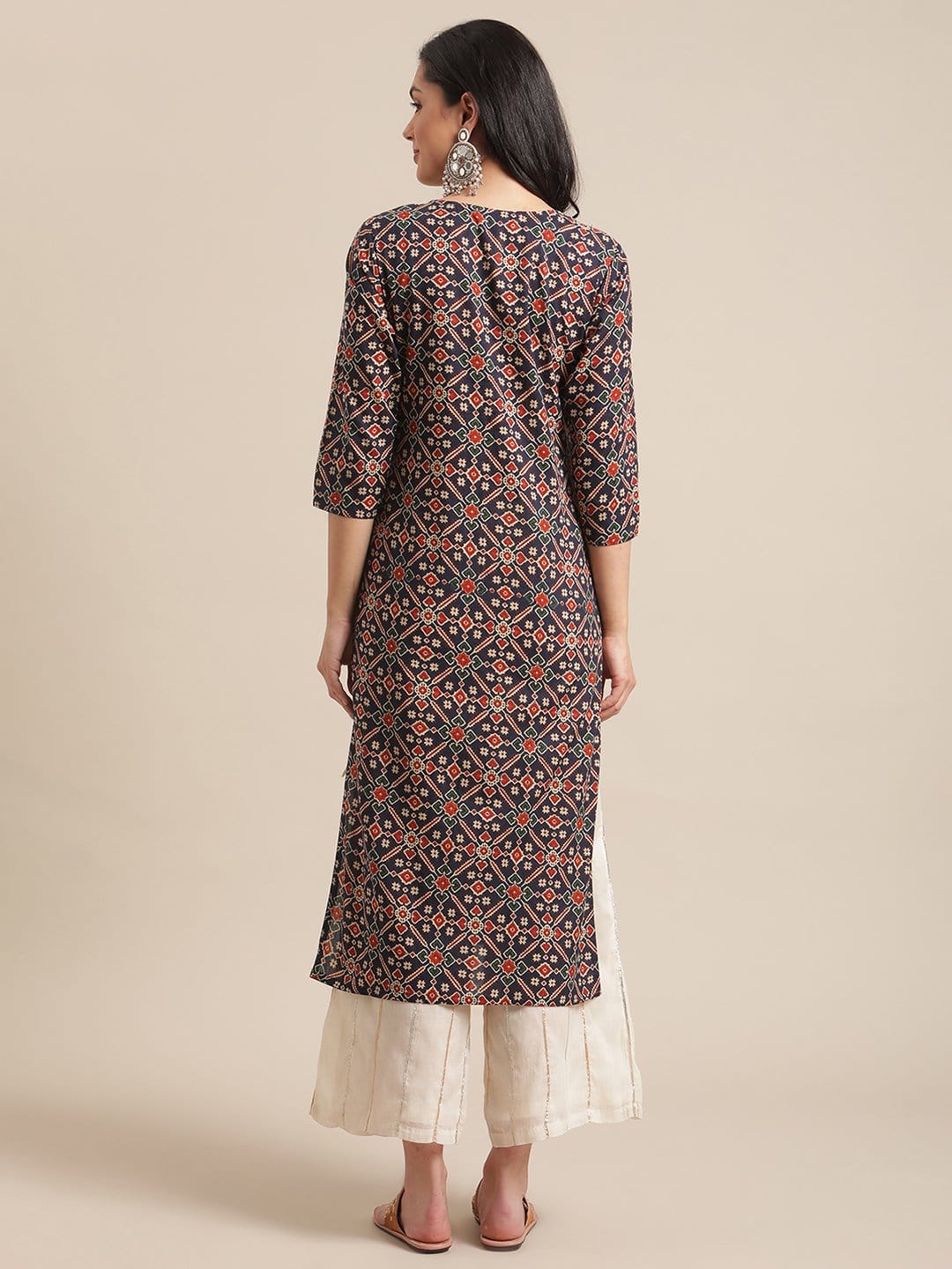 Women's Blue And Maroon Abstract Printed Kurta With Gota Work On Yoke And 3/4Th Sleeves