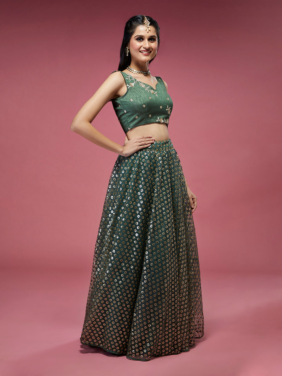 Women's Lime Green Net Sequinse Embroidered Ready To Wear Lehenga & Blouse With Dupatta-Royal Dwells