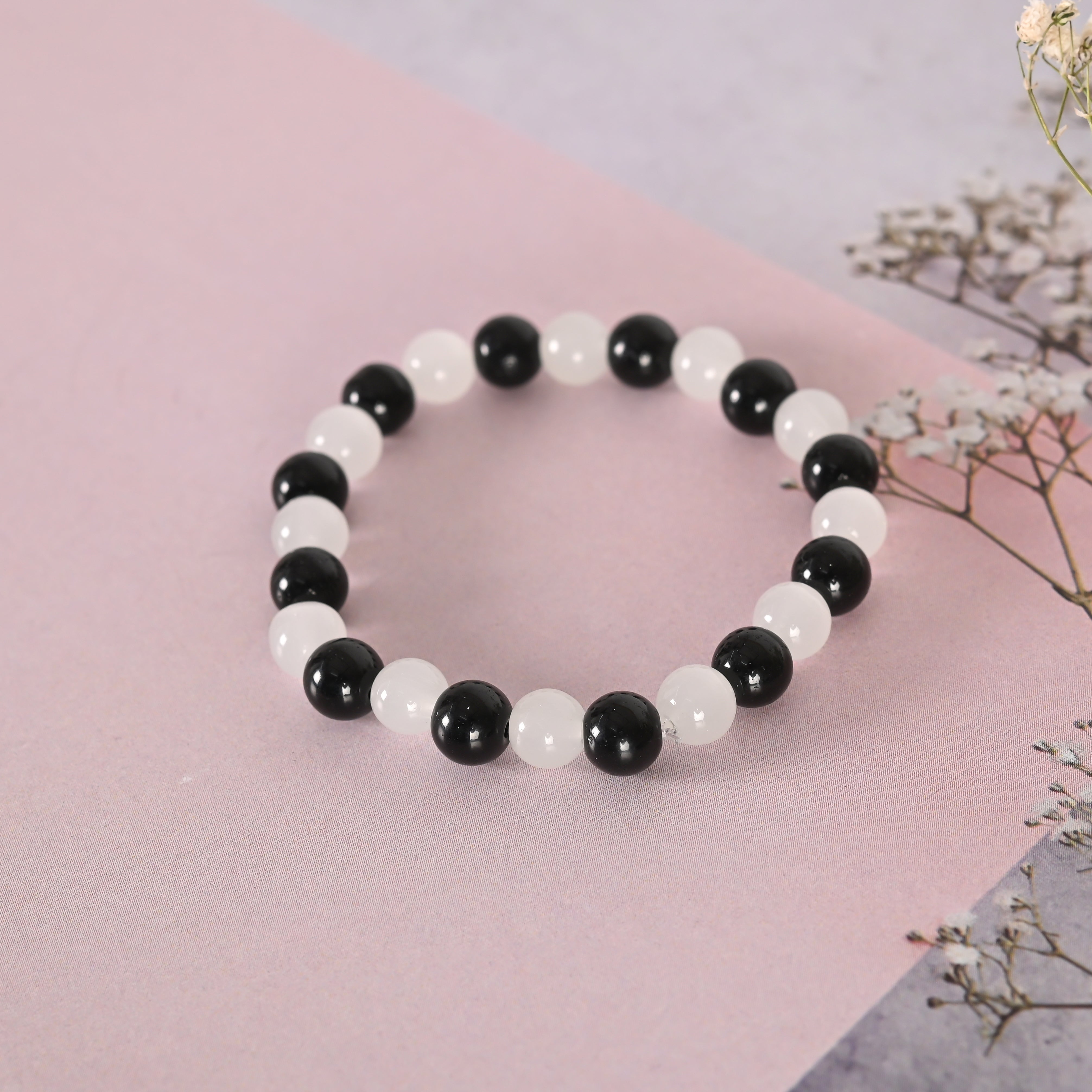 Unisex White & Black Marbel Crystal Elasticated Bracelet