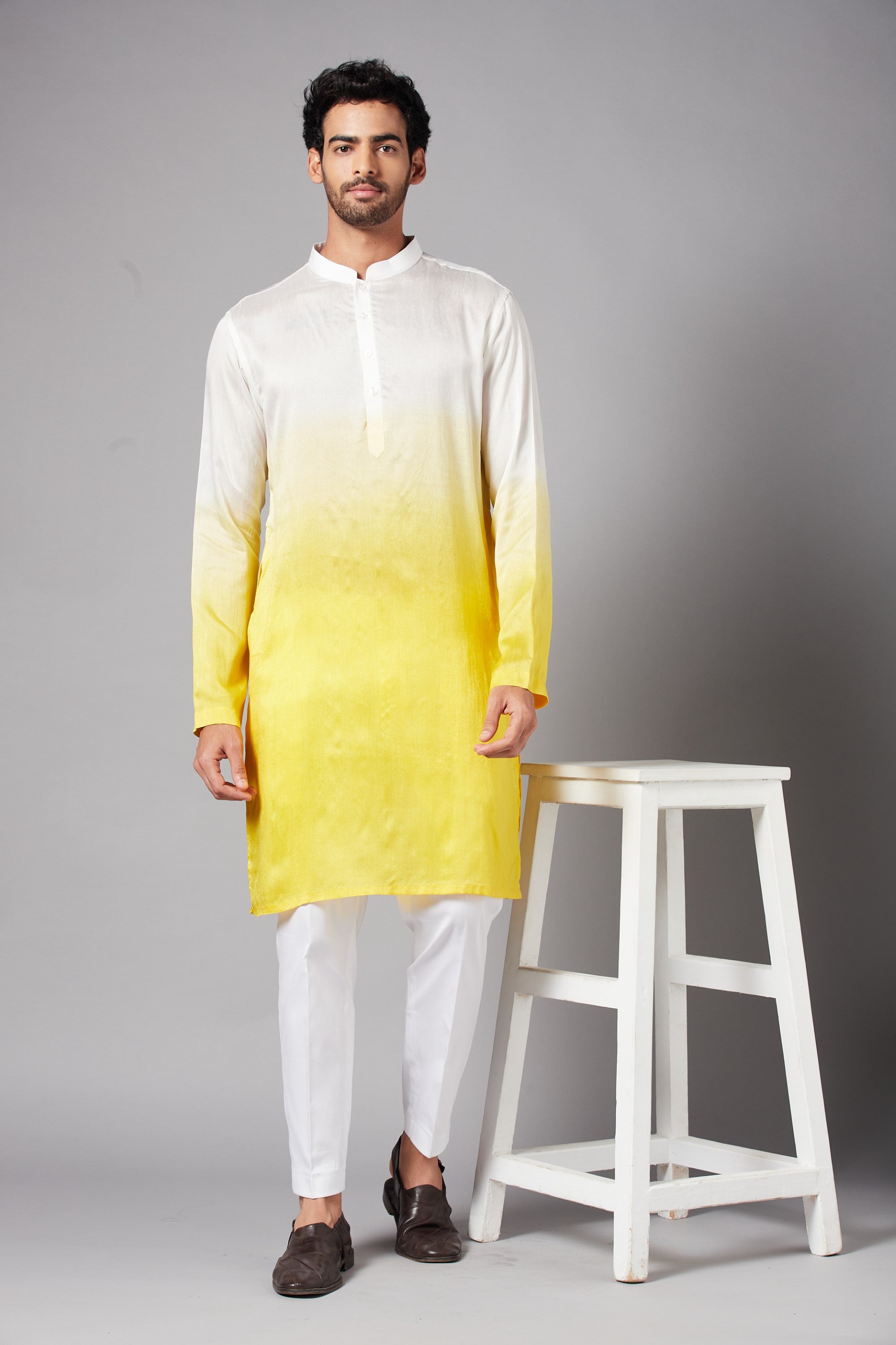 Men's White & Yellow Colorwhillombre Semi Raw Silk Mix