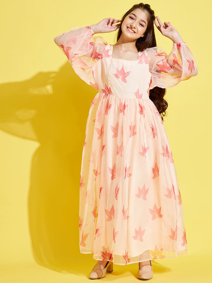 Girl's Cream Polyester Printed Dress