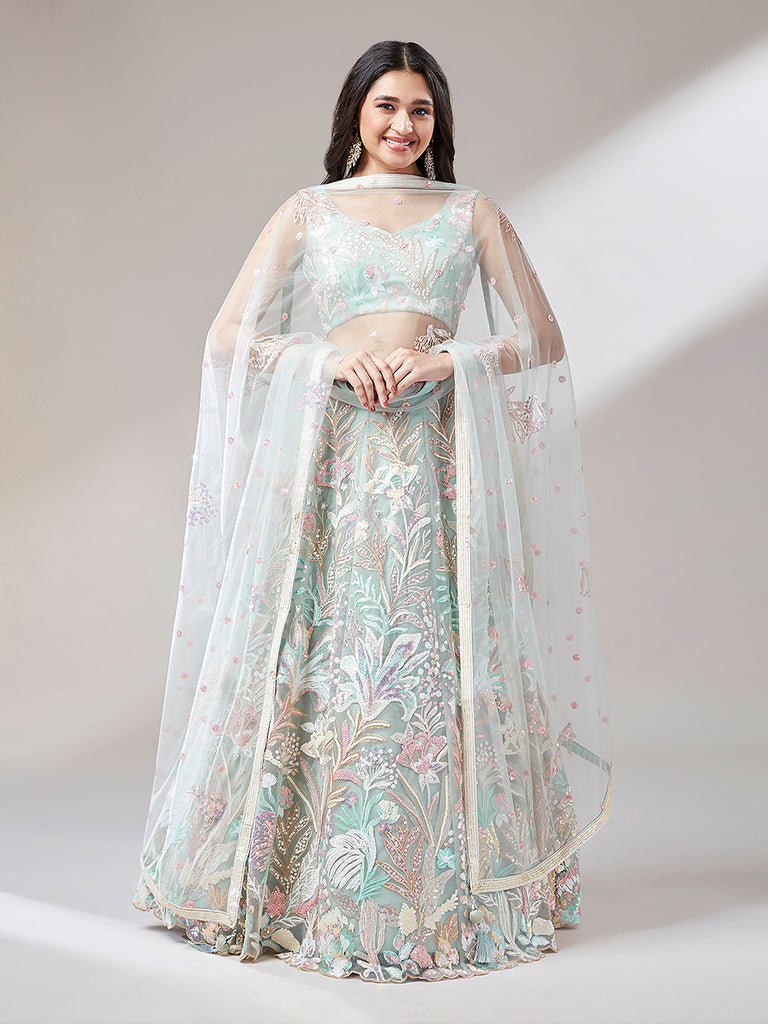 Women 's Lime Green Net Sequinse Work Ready to Wear Lehenga & stitched Blouse with Dupatta