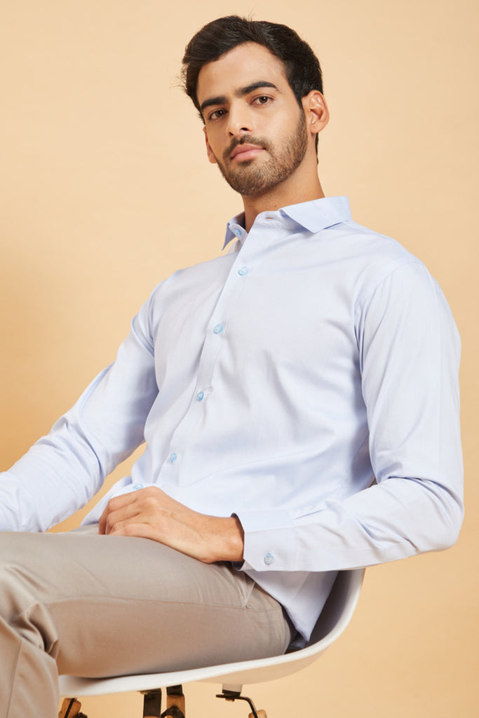 Men's Sky Blue Color Skii Collar Shirt Full Sleeves Casual Shirt