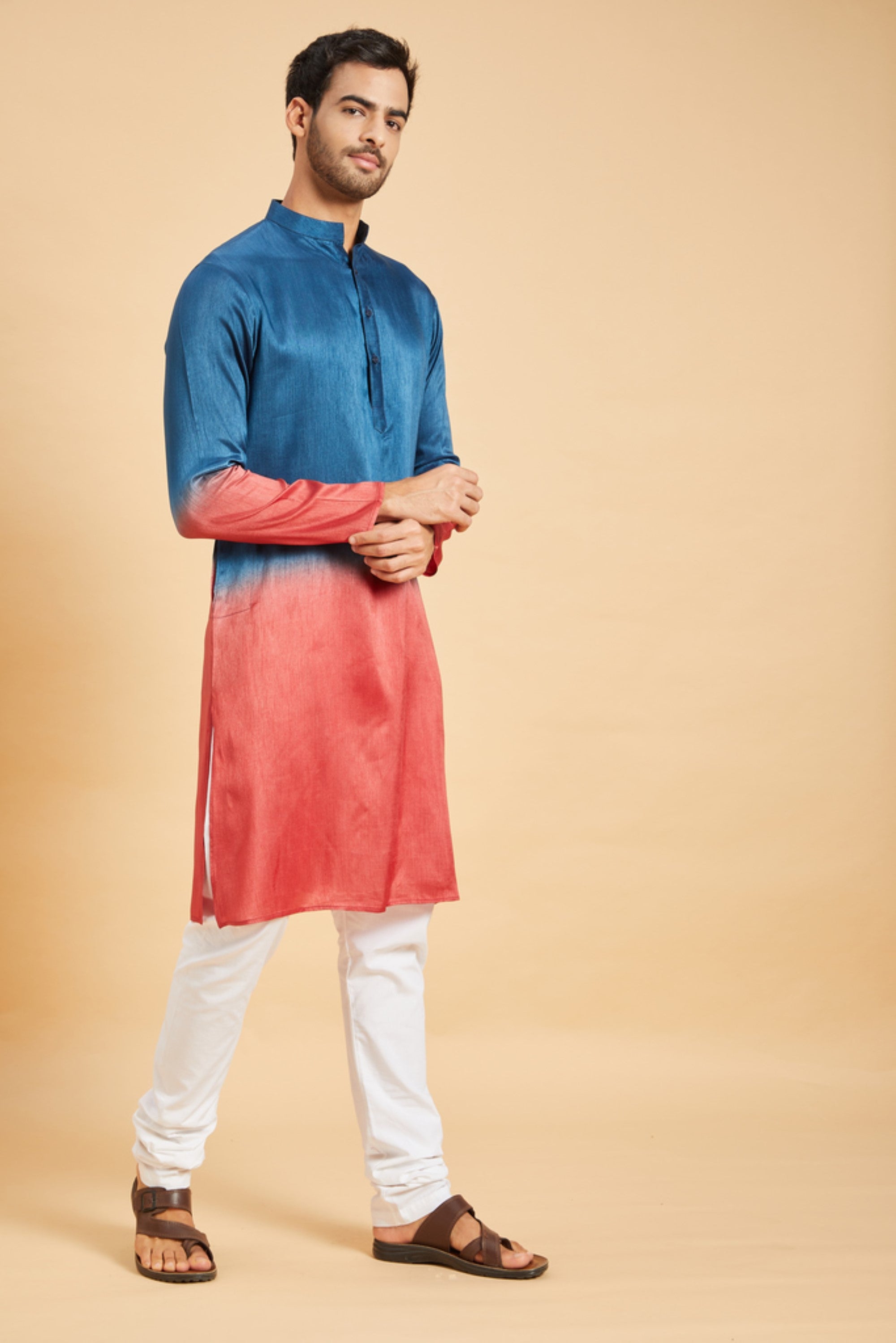 Men's Blue Color Radical Marino Kurta Without Slit Silk - Hilo Design