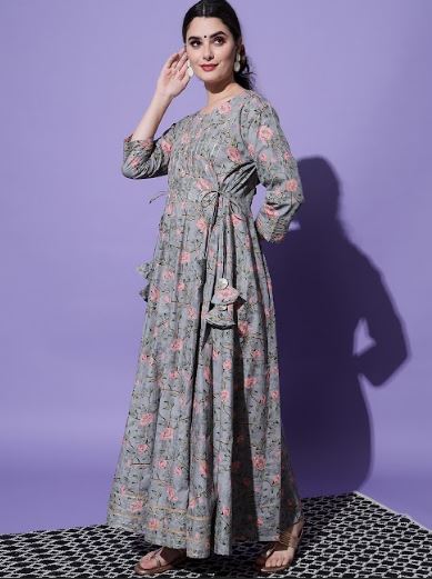 Women's H & N Floral Printed Gota Patti Work Anarkali Kurta