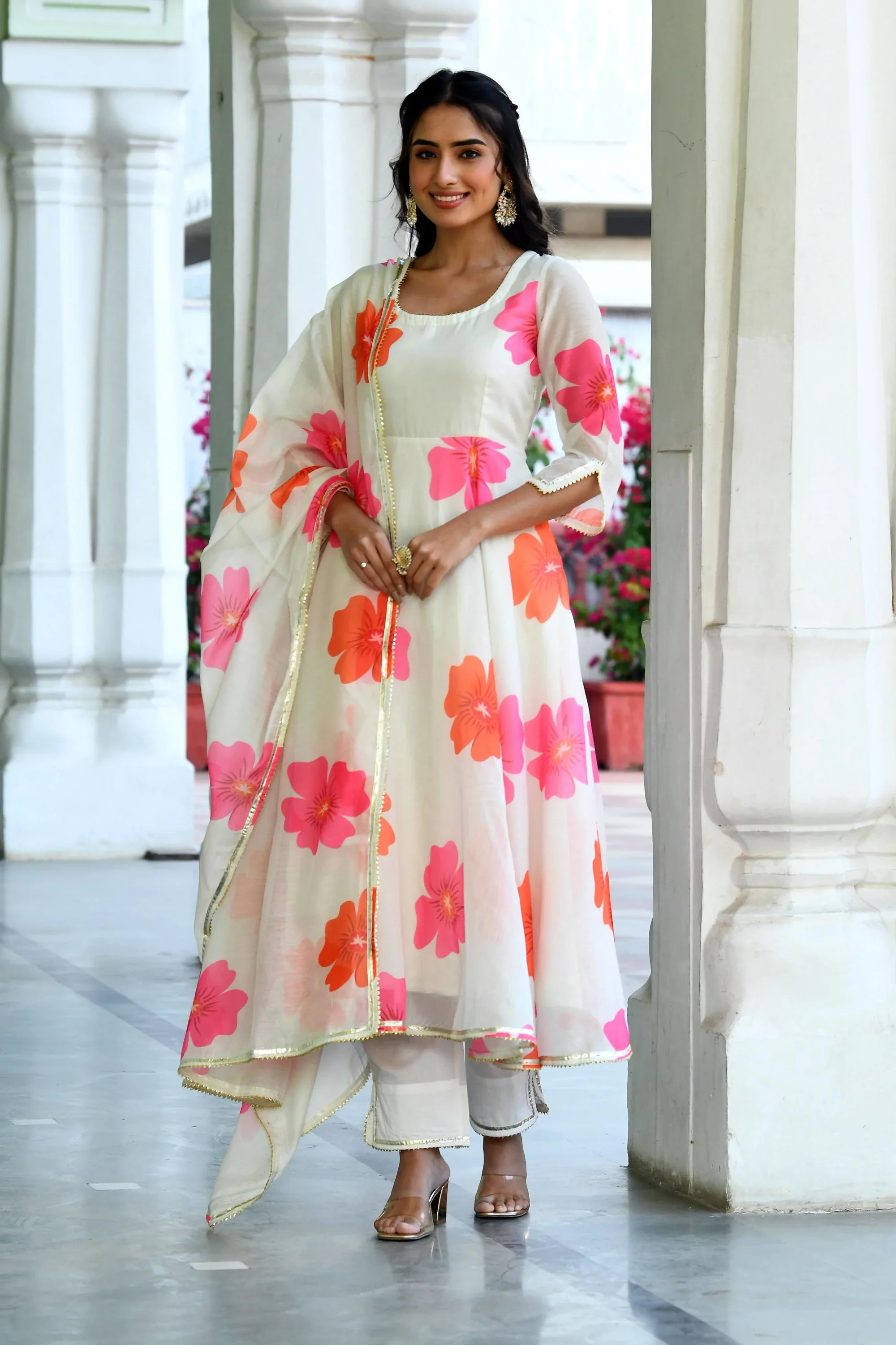 Women's Floral Print White Anarkali Suit - Saras The