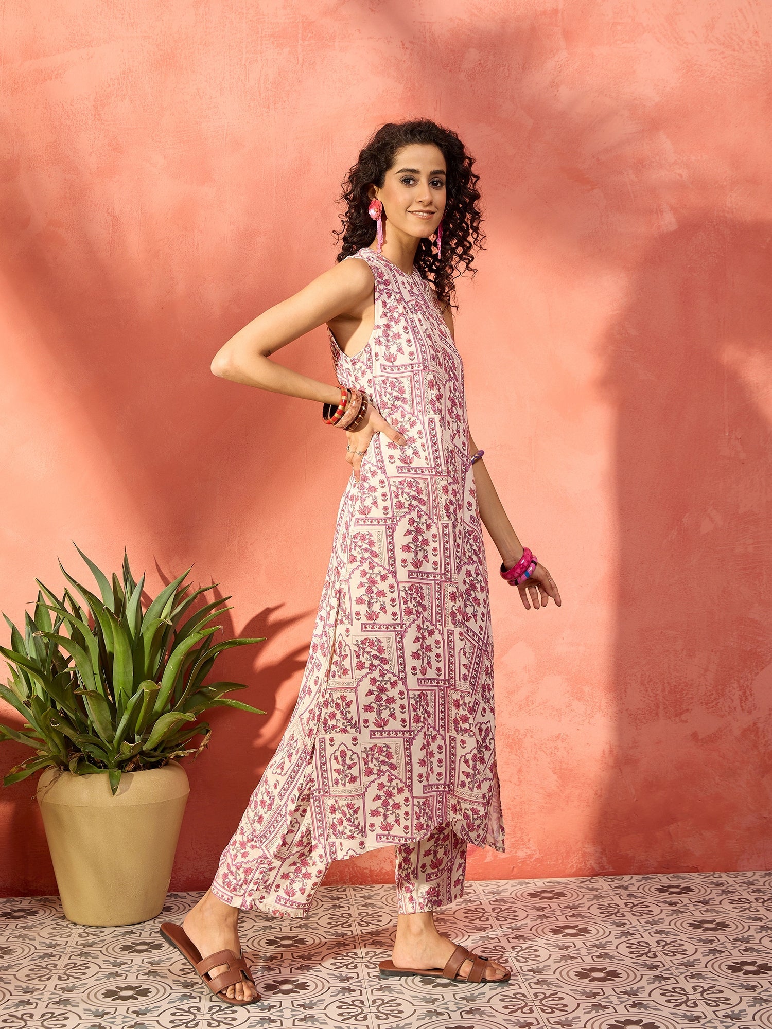 Women's Rose Pink Ethnic Window Floral Halter Neck Kurta Set - InWeave