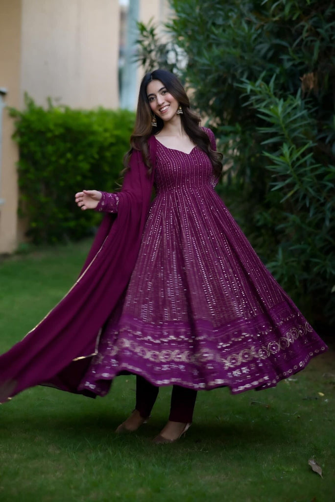 Women's Purple Faux Cotton Embroidery Anarkali Set