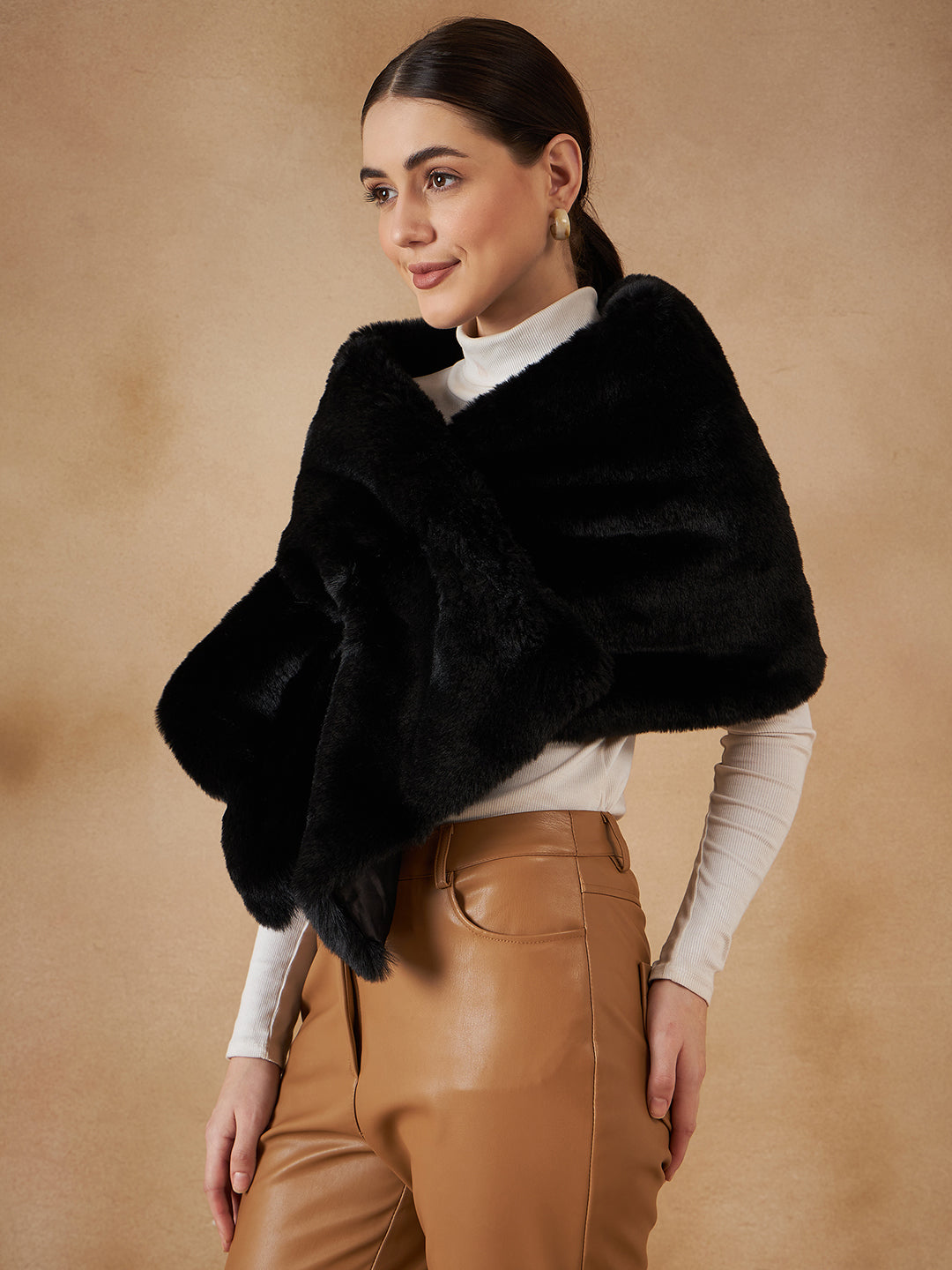 Women's Black Long Faux Fur Cape - InWeave