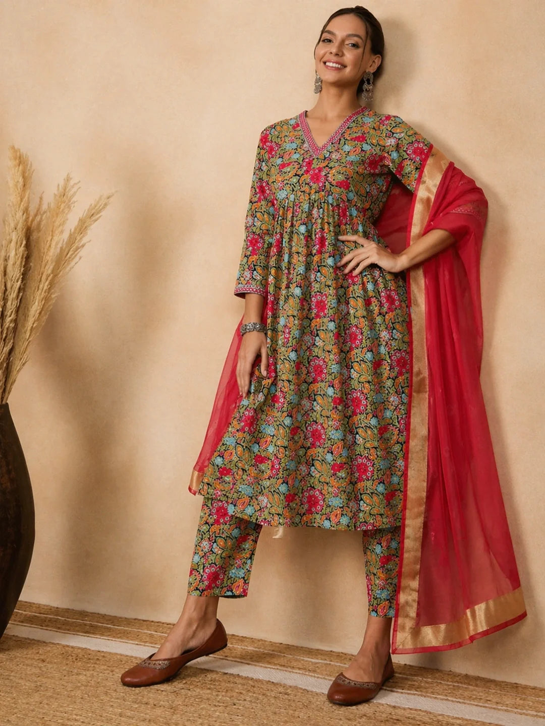 Women's Navy Blue Floral Print Neck Embroidery Naira Cut Kurta set