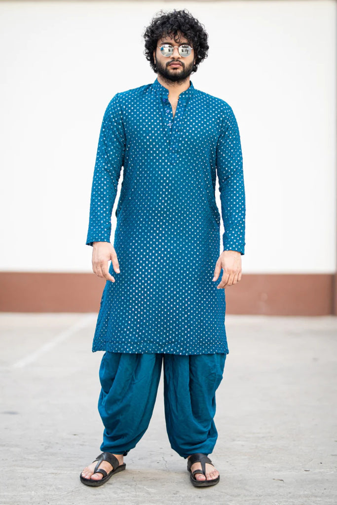 Men's Teal Blue Color Teal Blue Mirror Kurta + Patiala Pants Georgette & Santone