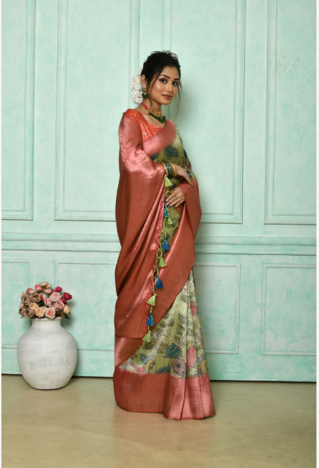 Women's Pista Woven Cotton Silk Saree with Tassels - Vishnu Weaves