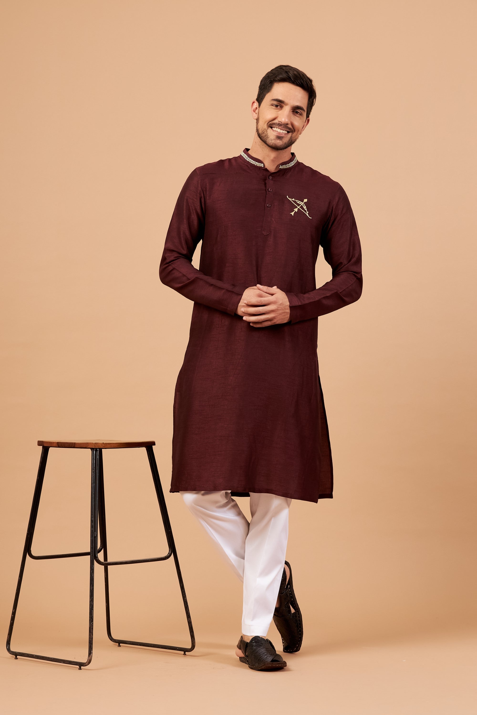 Men's Maroon Color Adira Gold Zari Embroidered Kurta Semi Raw Silk Mix