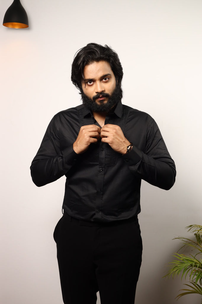 Men's Black Color Black Pintuck Shirt Full Sleeves Shirt
