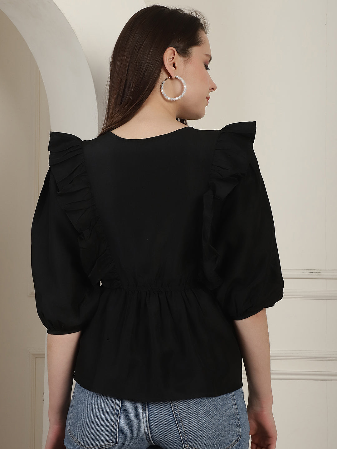 Women's Black Solid Women's Top With Frills - Taantav