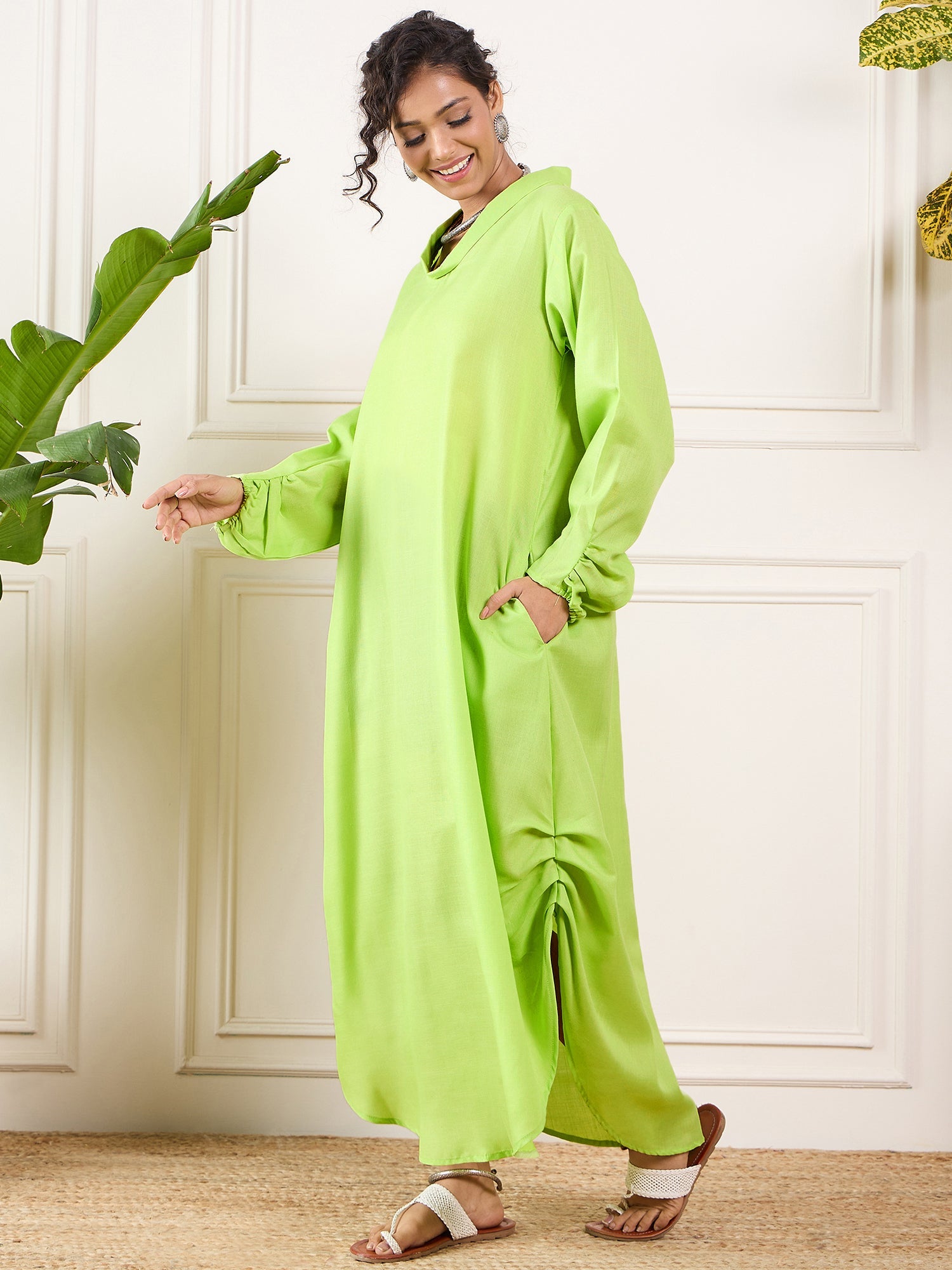 Women's Neon Green Shawl Neck Long Side Pleat Dress - InWeave