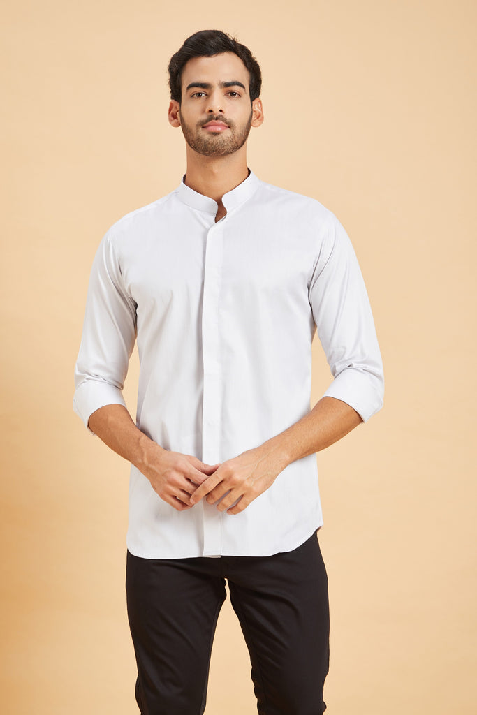 Men's Grey Color Jejune Chinese Collar Shirt Full Sleeves Casual Shirt