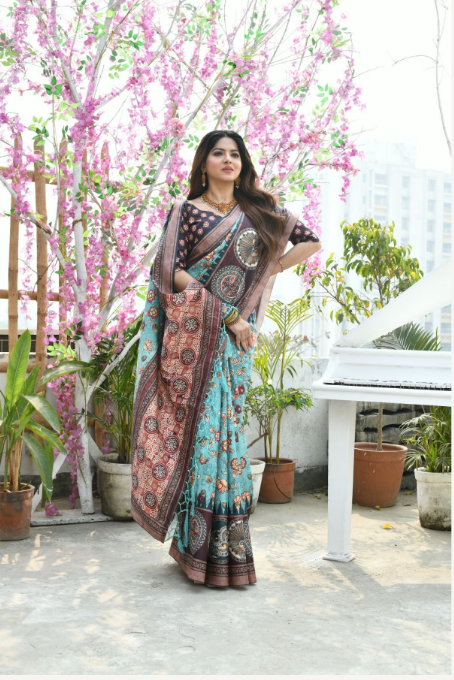 Women's Firozi Printed Cotton Silk Saree with Tassels - Vishnu Weaves