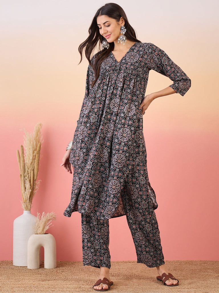 Women's Black Maroon Ajrakh Foil V Neck Flared Kurta Pant Set