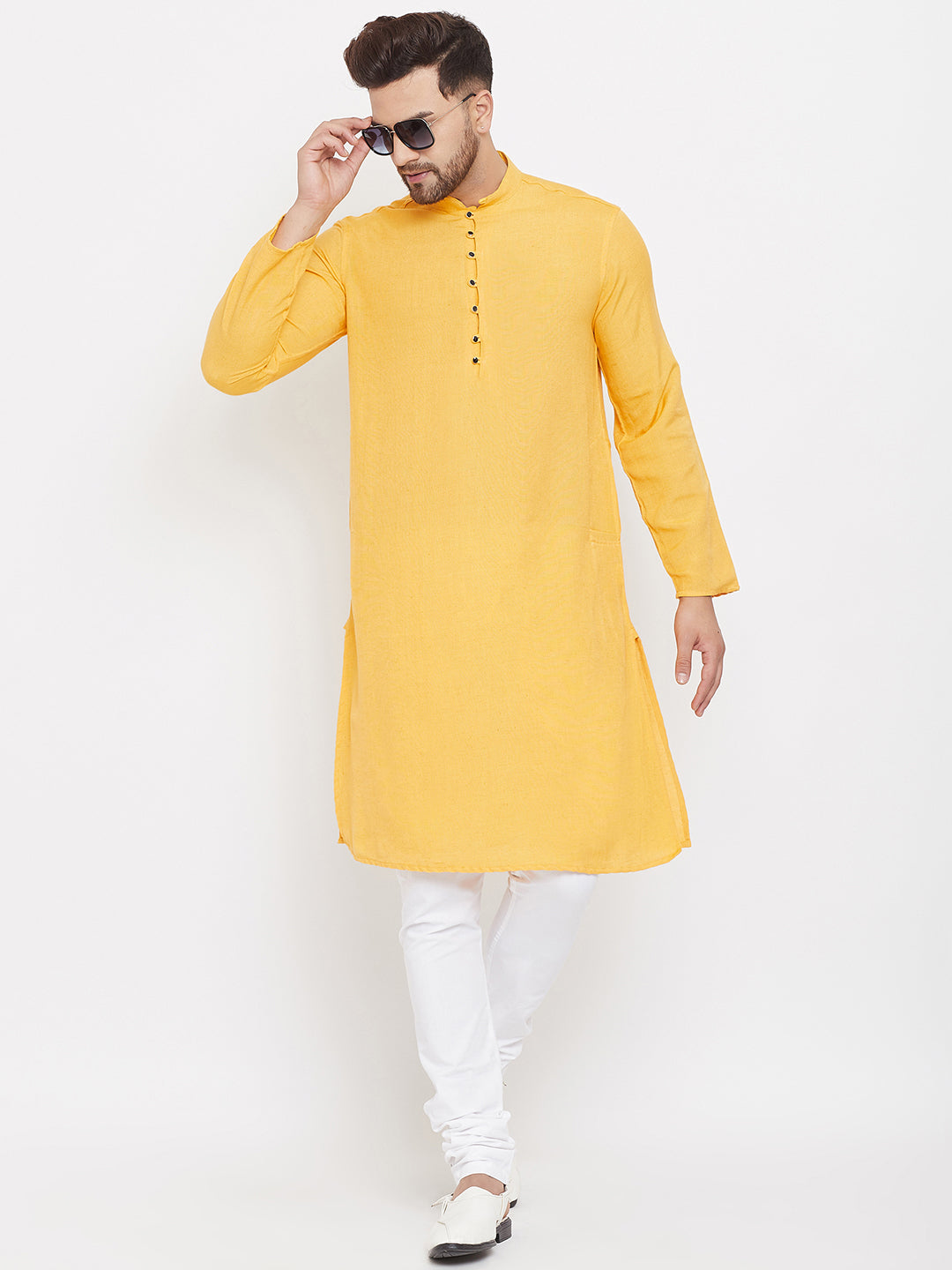 Men's Solid Yellow Placket Detail Cotton Kurta