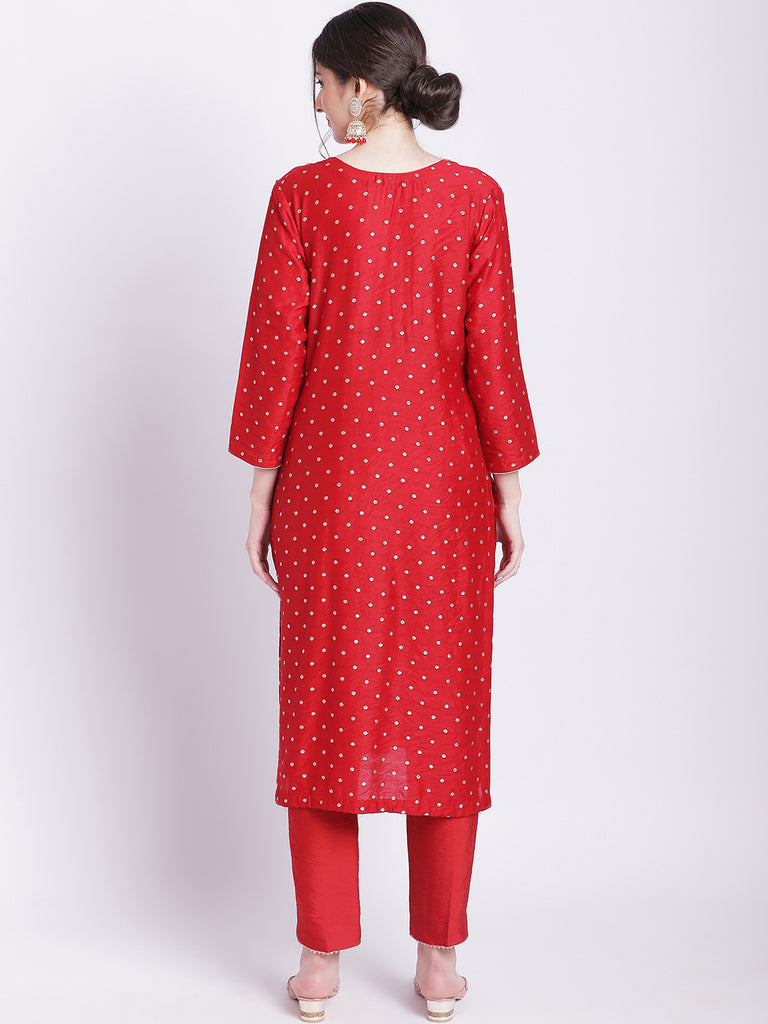 Women's Ethnic Maroon Banarasi Straight Kurti With Straight Pants