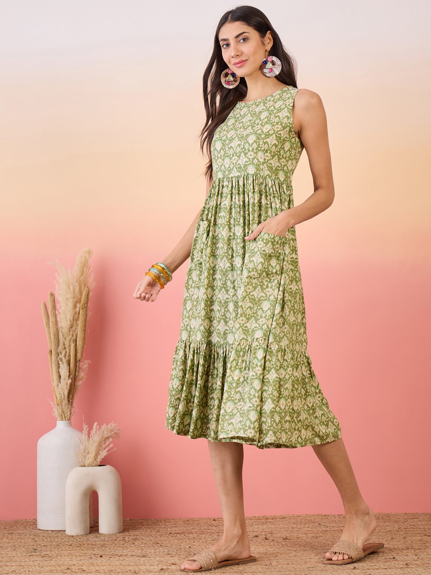 Women's Apple Green Ikkat Print Foil Front Pocket Dress - InWeave