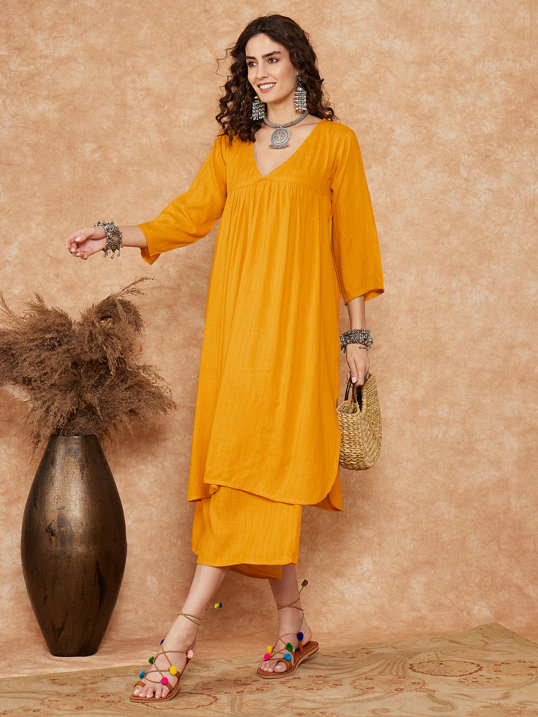 Women's Mustard Lurex Flared V Neck Kurta Palazzo Set - InWeave