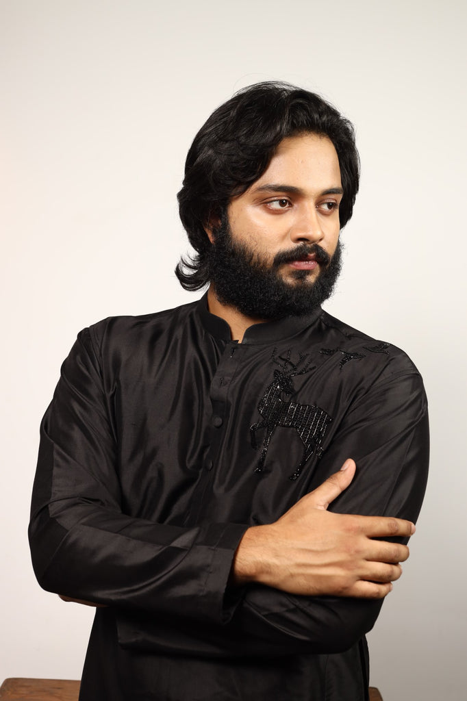 Men's Black Color Solid Black Reindeer Embroidered Kurta Dupion Silk