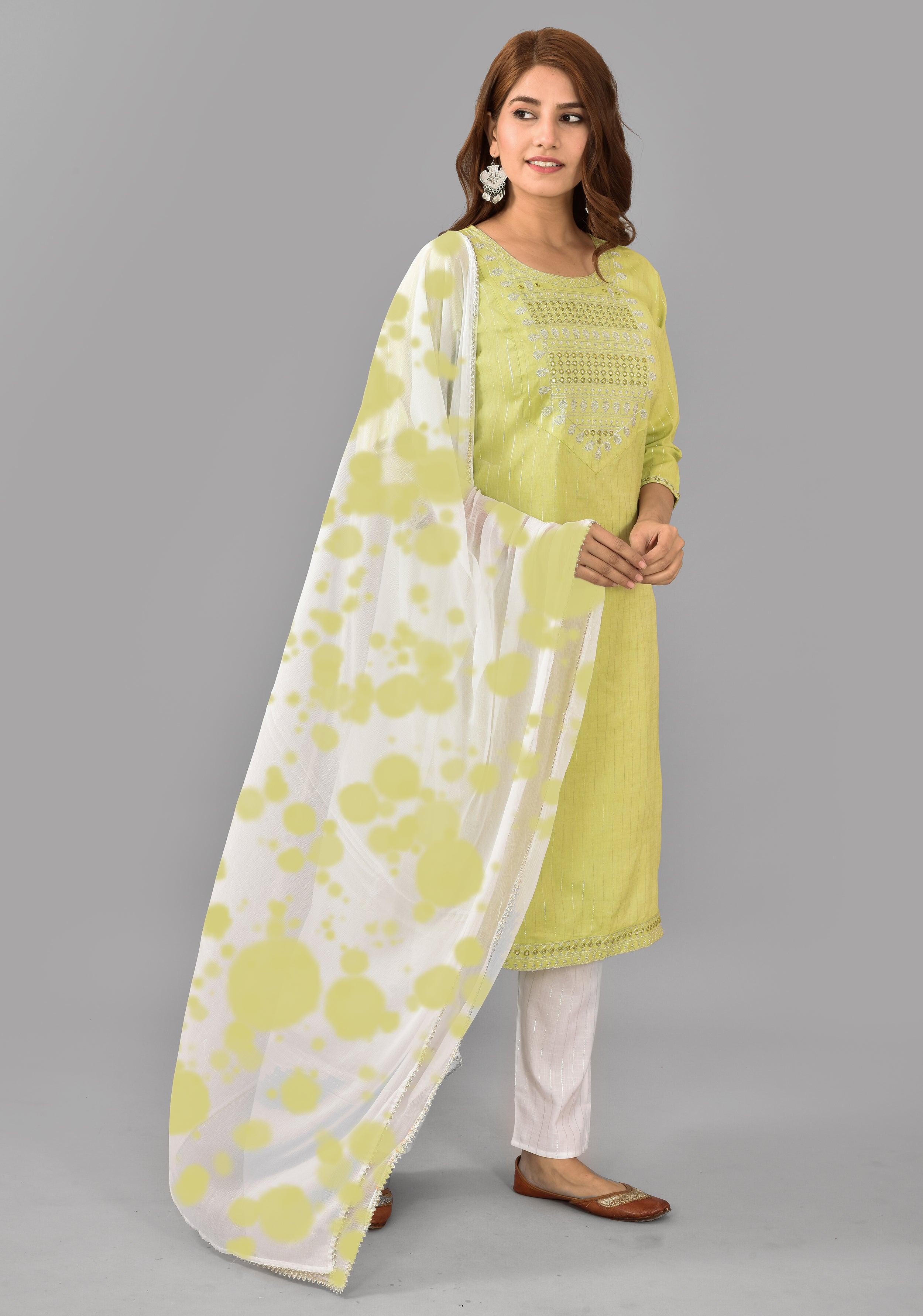 Women's Rayon Embroidered Work Lime Kurta Pant With Dupatta  Set - AAYUMI