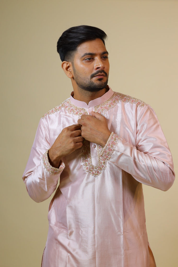 Men's Pink Color Light Coral Embroidered Collar Designer Kurta Dupion