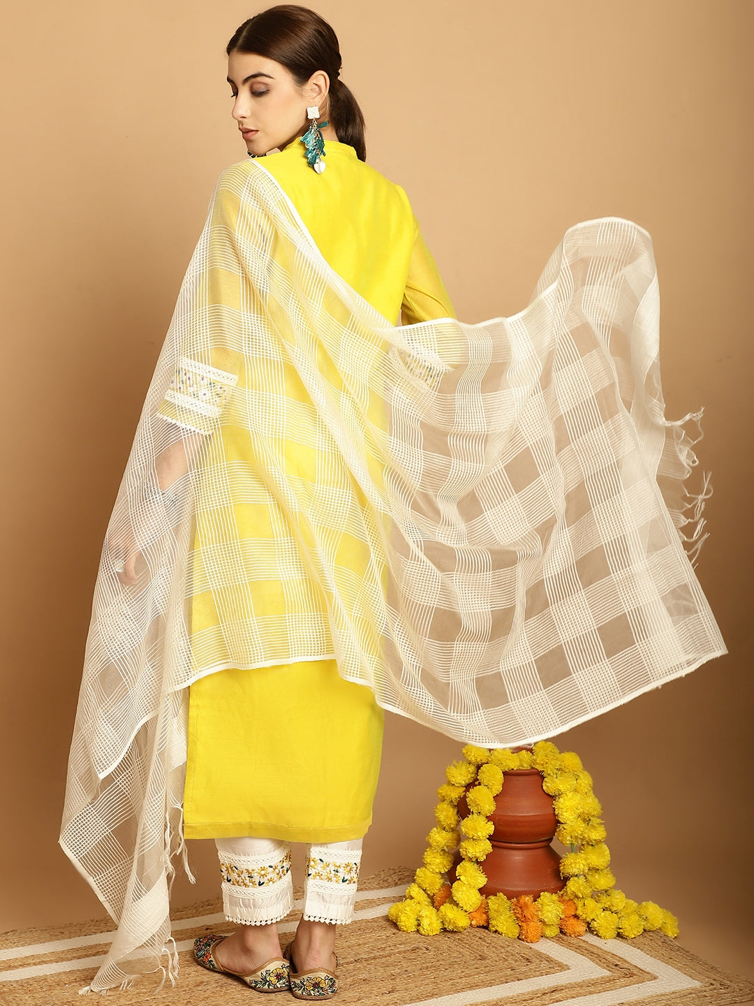 Women's Lemon Yellow Chanderi Trouser Dupatta Set - Taantav