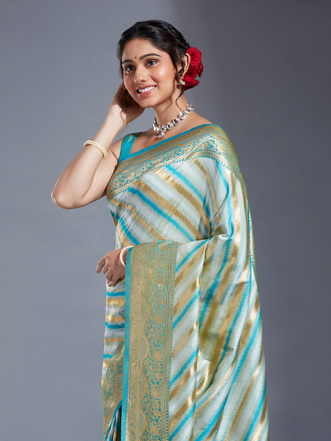 Women's Turquoise Blue & Gold Satin Paisley Zari With Beautiful Leheriya Banarasi Saree - Royal Dwells