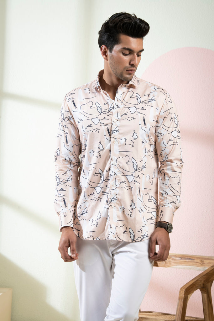 Men's Peach Color Veined Full Sleeves Shirt