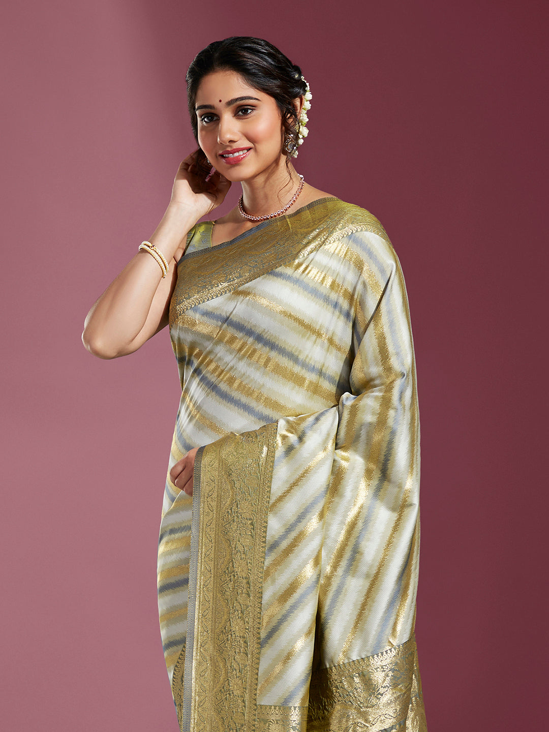 Women's Grey & Gold Satin Paisley Zari With Beautiful Leheriya Banarasi Saree - Royal Dwells