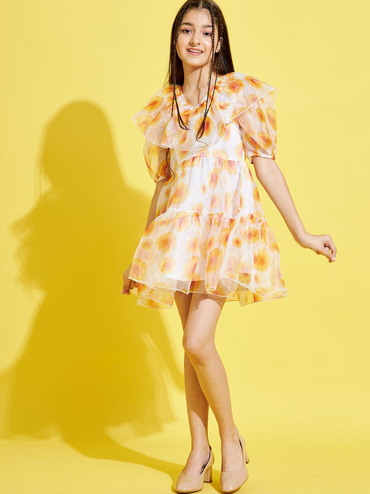 Girl's Cream Polyester Printed Dress