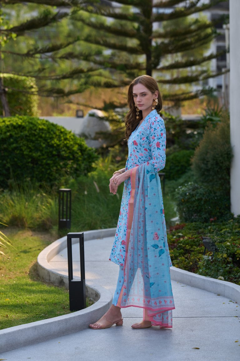 Women's Sky Cotton Printed Kurta Set