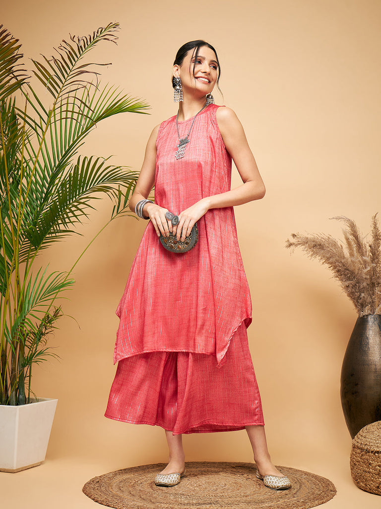 Women's Red Lurex Short Pallazo Kurta Set