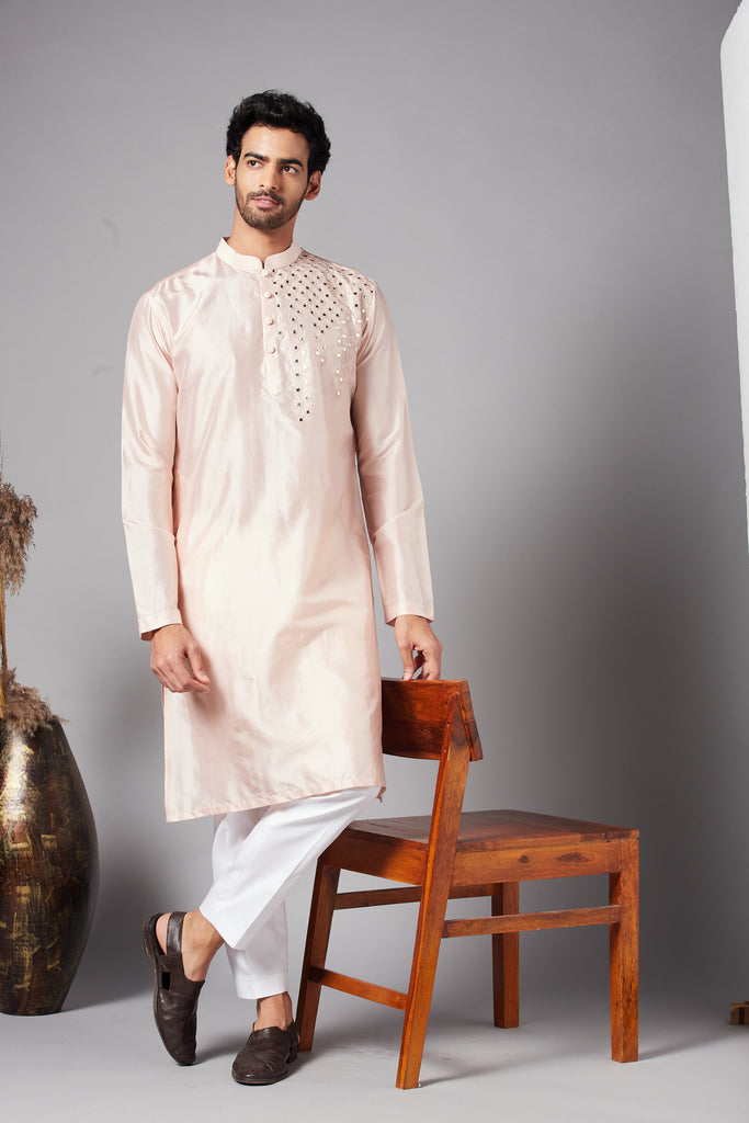 Men's Peach Color Rooyi Position Mirror Work Kurta Dupion