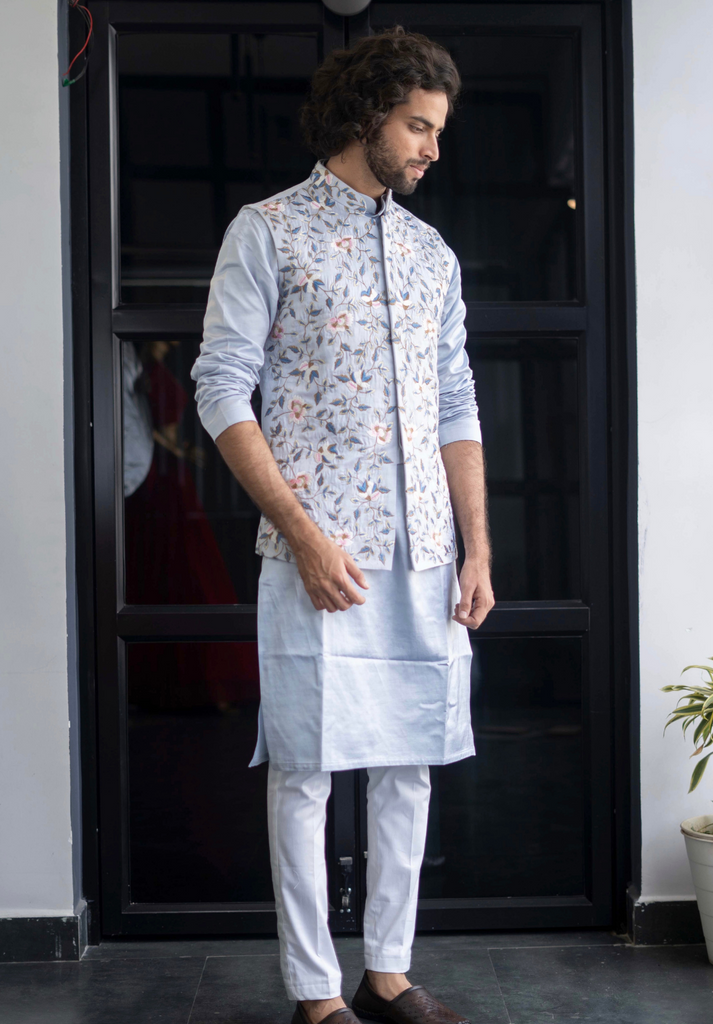 Men's Blue Color Jacket With Kurta Pant Set