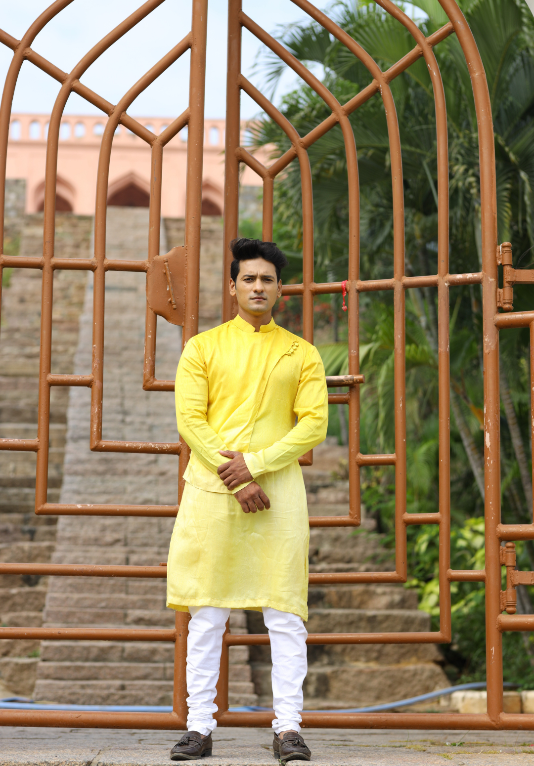 Men's Yellow Color Inari Front Slit Yellow Ombre Kurta Silk