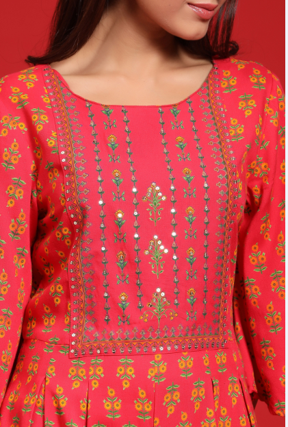 Women's Coral Rayon Embroidered Jumpsuit With Mask