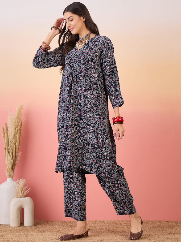 Women's Navy Maroon Ajrakh Foil V Neck Kurta Pant Set