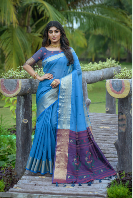 Women's Blue Jacquard Weaving Linen Saree with Tassels - Vishnu Weaves