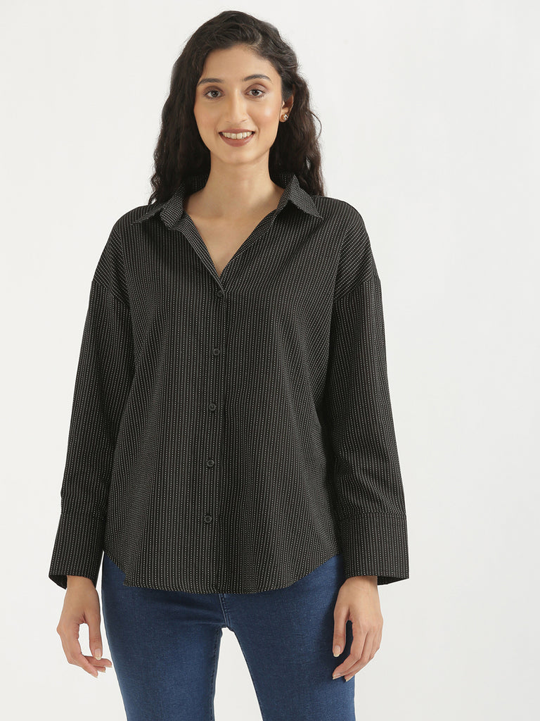 Women's Airy Linen Textured Casual Oversize Black Shirt