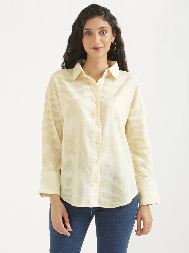 Women's Airy Linen Textured Casual Oversize Cream Shirt